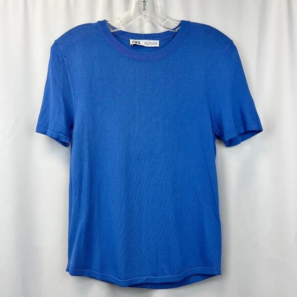 Zara Womens Blue Crew Neck Short Sleeve Classic Pullover T-Shirt Size Large - Picture 1 of 9
